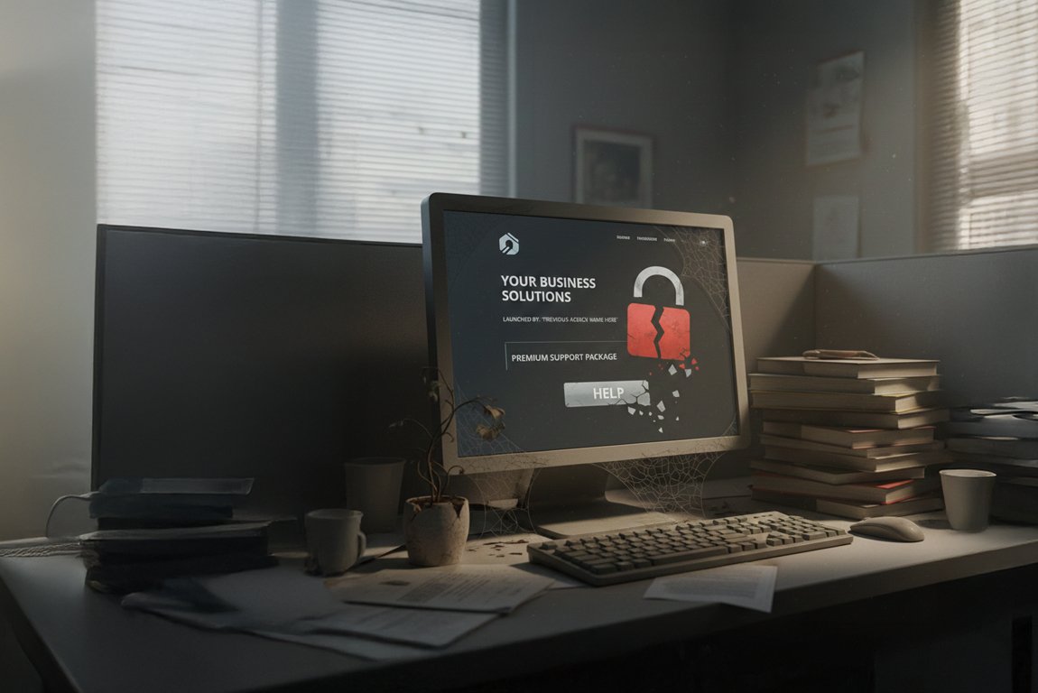 Computer screen showing a locked website on an office desk, representing lack of support from previous agencies.