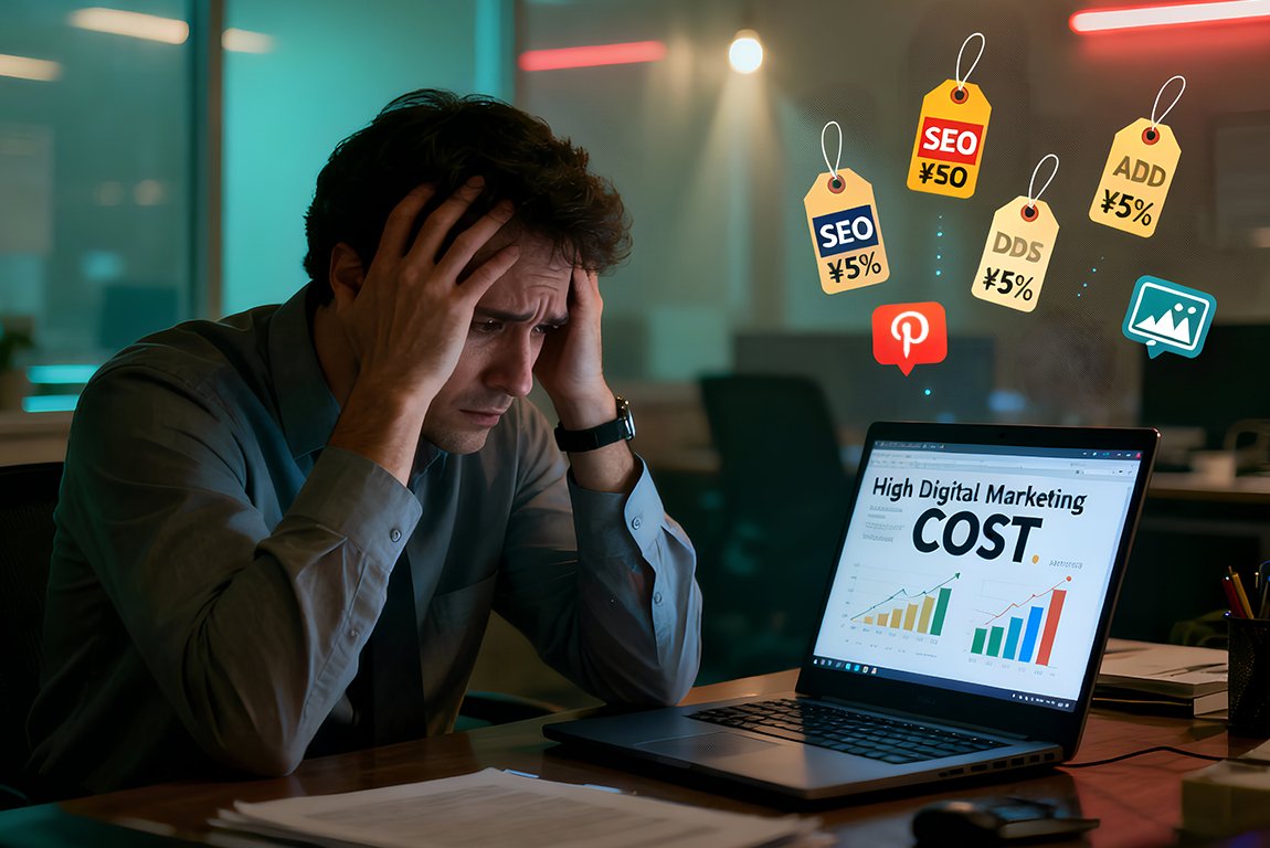 Business owner worried about high digital marketing costs and social media marketing expenses