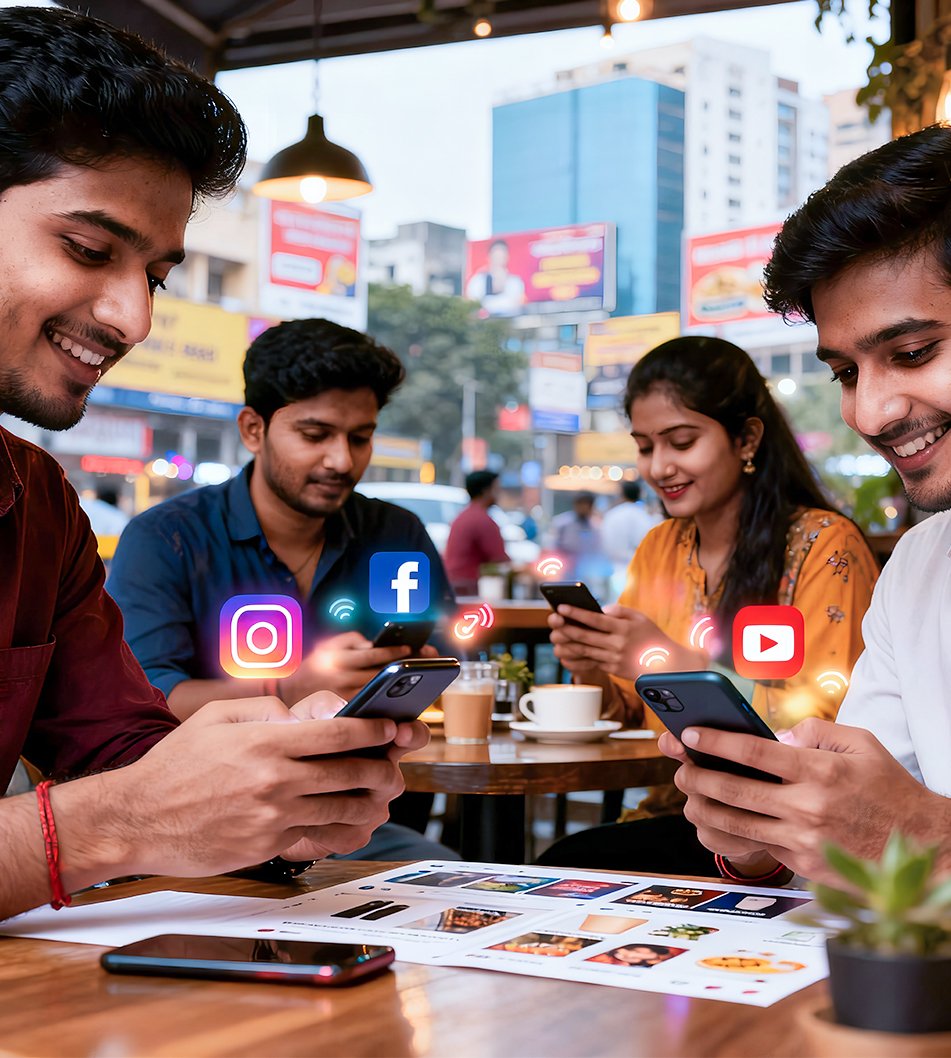 Young customers engaging with social media reviews, likes, and comments that help build trust for businesses in Patna