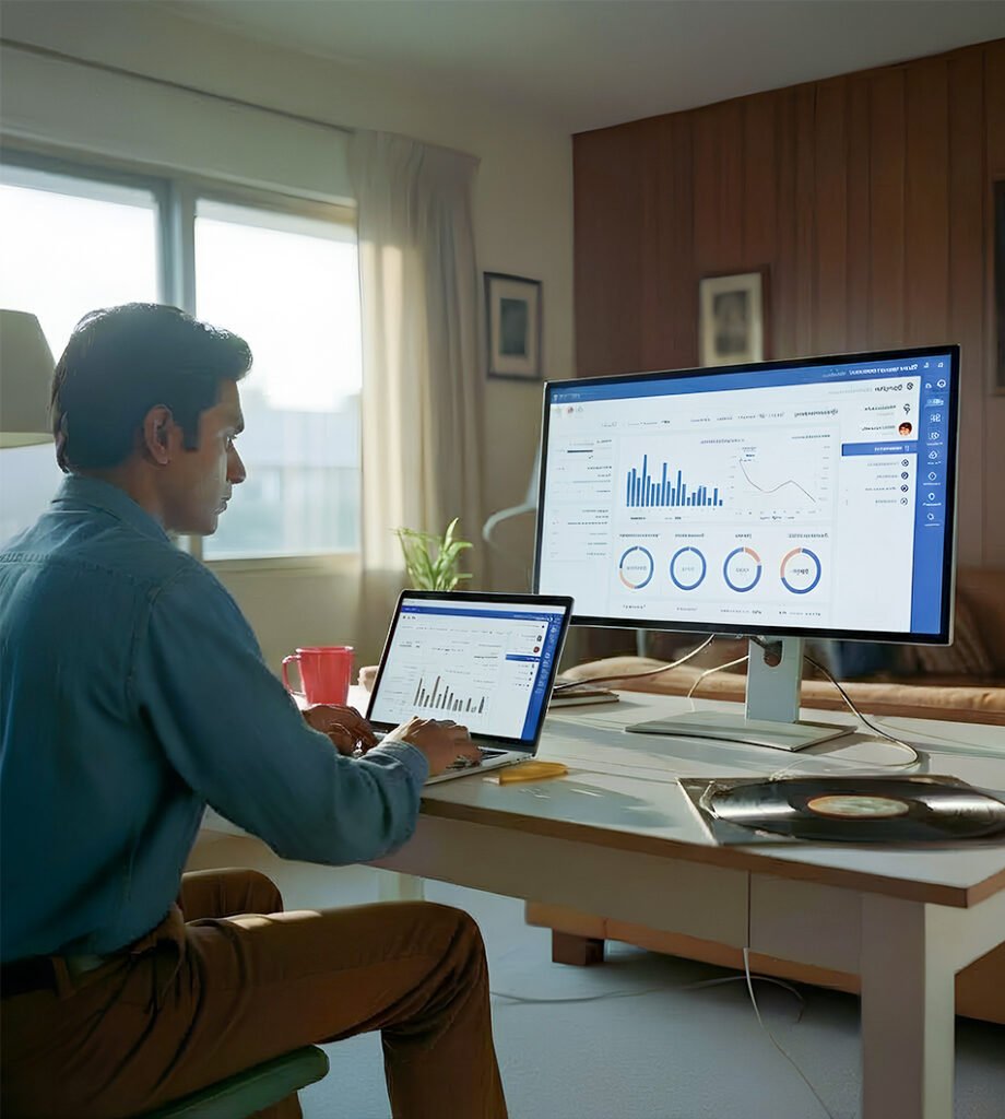 Digital marketer analyzing social media insights and analytics dashboards to improve strategy and engagement