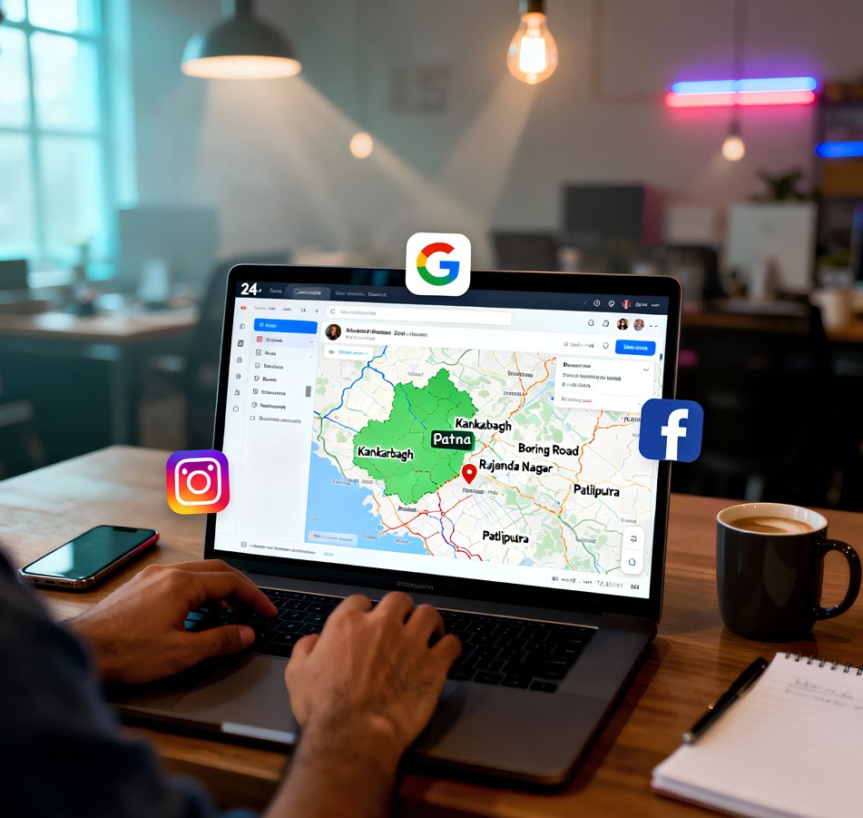 Business owner analyzing Patna local competition on digital platforms like Google, Facebook, and Instagram.