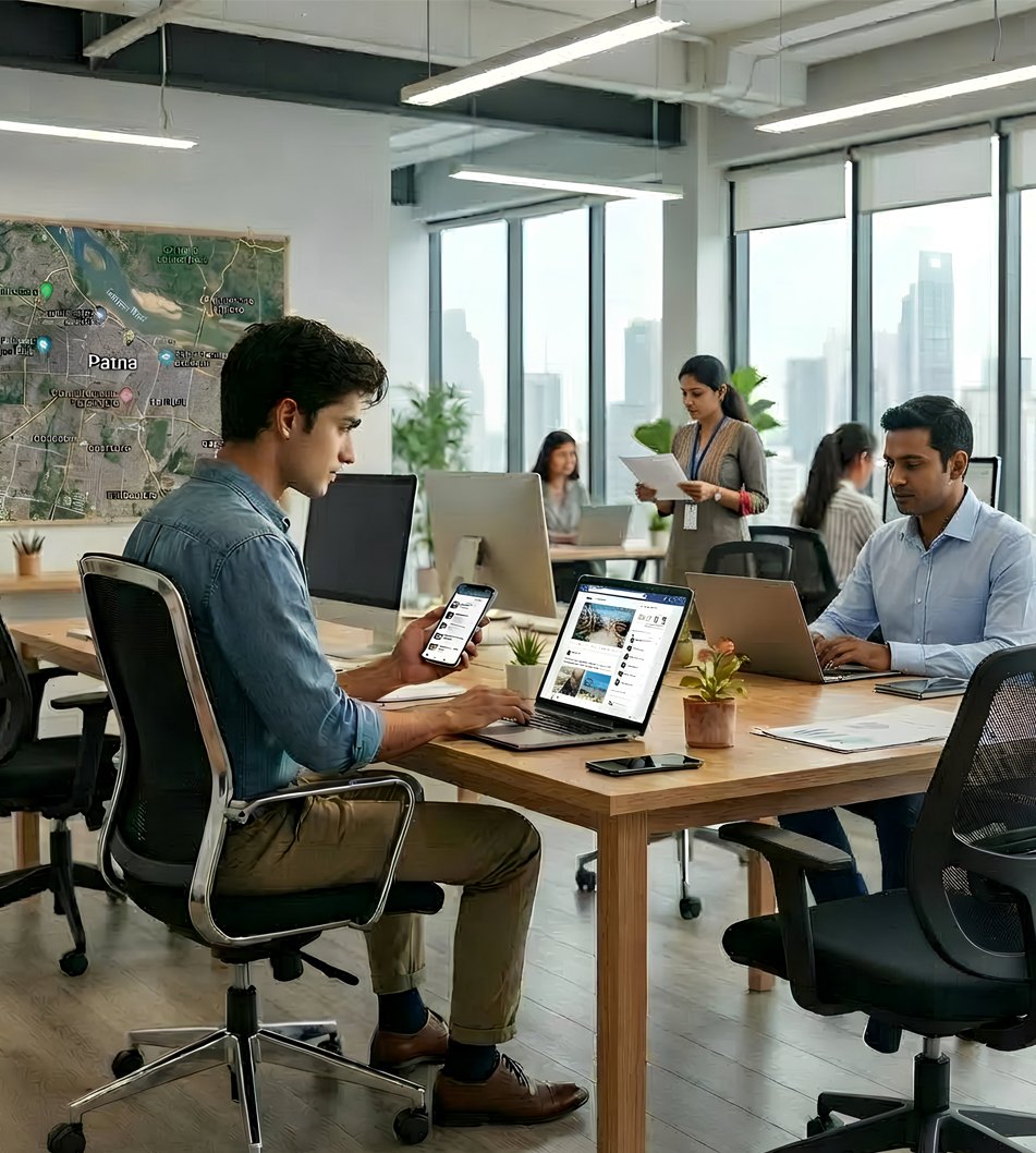 Team using social media tools to target hyper-local audience in Patna for digital marketing campaigns