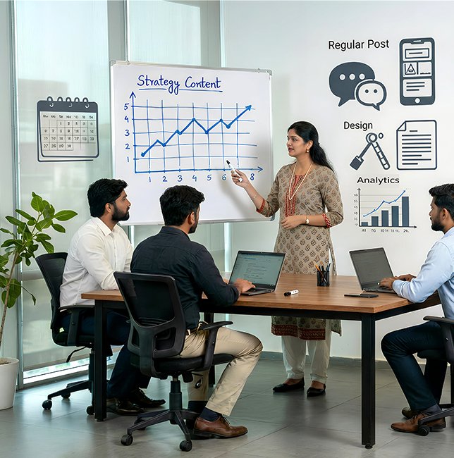 Digital marketing team discussing social media strategy and content planning for Bihar businesses