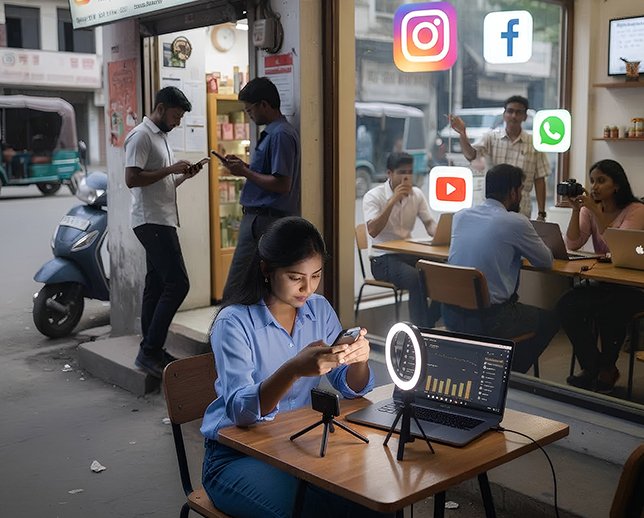Current social media trends in Bihar showing Instagram, Facebook, YouTube, and WhatsApp usage with local creators making Hindi and Bhojpuri content