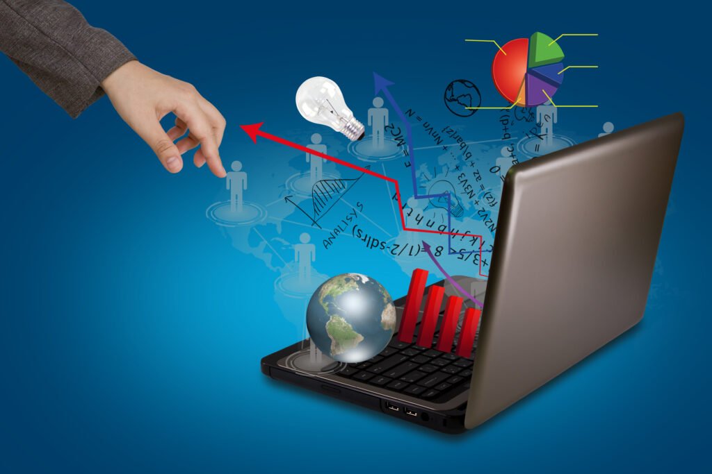 digital marketing and website development growth illustration showing laptop with financial graphs