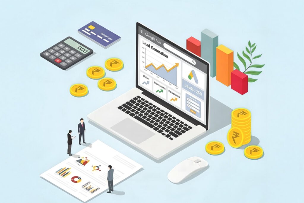 Google Ads PPC campaign management illustration with analytics and revenue growth