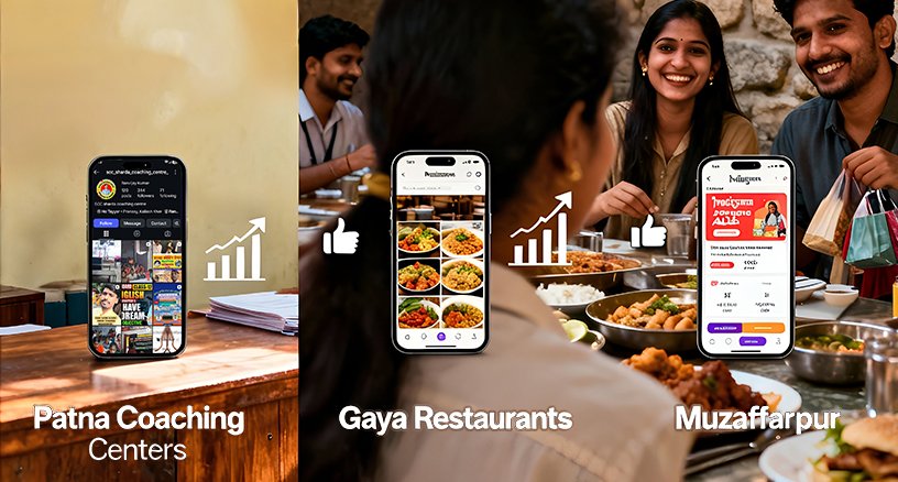 Success stories of Bihar businesses growing with social media marketing including Patna coaching centers, Gaya restaurants, and Muzaffarpur boutiques