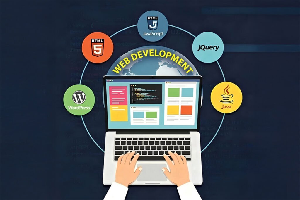 Web development and digital marketing process illustration showing laptop with tools like HTML5, CSS3, JavaScript, WordPress, and SEO strategies by Adver Digify